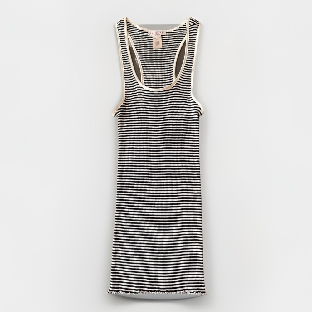Salomay Camisole Tank Top Womens 4 Black White Striped 100% Silk Ribbed Knit